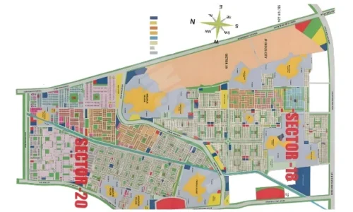 YEIDA Sector 18 and Sector 20 master plan map showing authority plots layout near Yamuna Expressway with roads and infrastructure